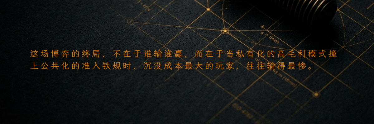 这场博弈的终局,不在于谁输谁赢,而在于当私有化的高毛利模式撞上公共化的准入铁规时,沉没成本最大的玩家,往往输得最惨。