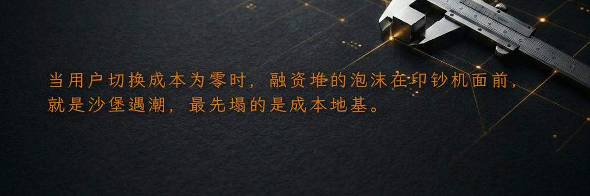 当用户切换成本为零时,融资堆的泡沫在印钞机面前,就是沙堡遇潮,最先塌的是成本地基。