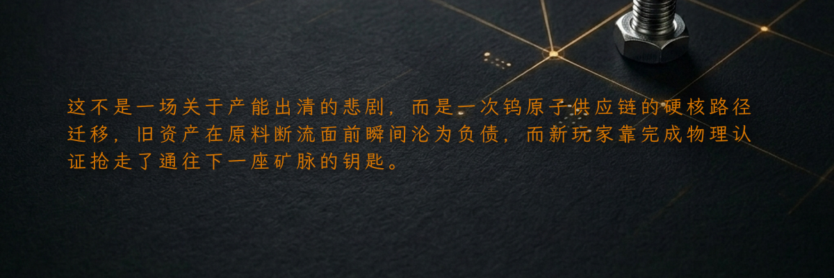 这不是一场关于产能出清的悲剧,而是一次钨原子供应链的硬核路径迁移,旧资产在原料断流面前瞬间沦为负债,而新玩家靠完成物理认证抢走了通往下一座矿脉的钥匙。