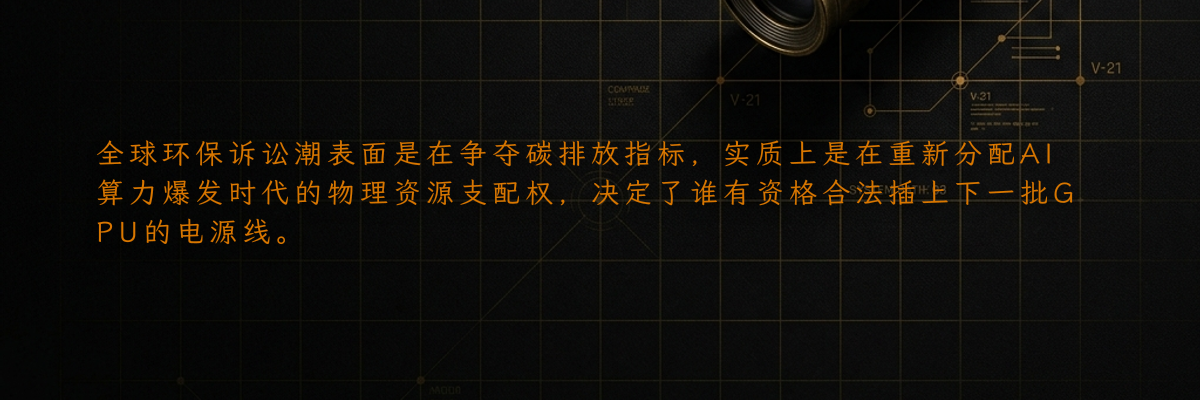 全球环保诉讼潮表面是在争夺碳排放指标,实质上是在重新分配AI算力爆发时代的物理资源支配权,决定了谁有资格合法插上下一批GPU的电源线。
