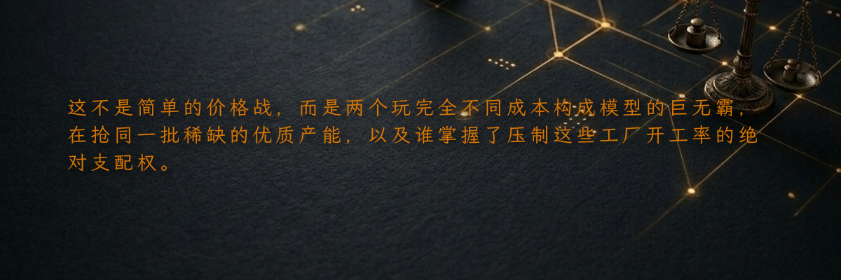 这不是简单的价格战,而是两个玩完全不同成本构成模型的巨无霸,在抢同一批稀缺的优质产能,以及谁掌握了压制这些工厂开工率的绝对支配权。
