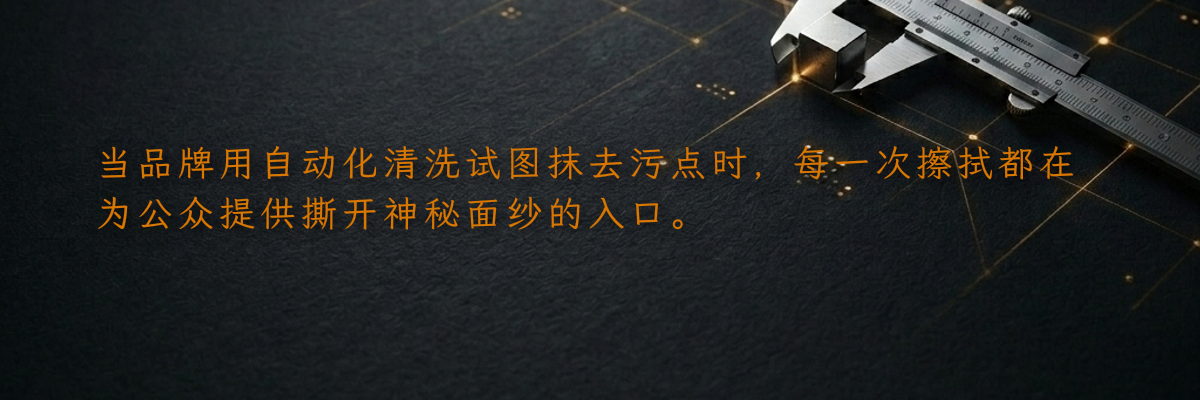 当品牌用自动化清洗试图抹去污点时,每一次擦拭都在为公众提供撕开神秘面纱的入口。