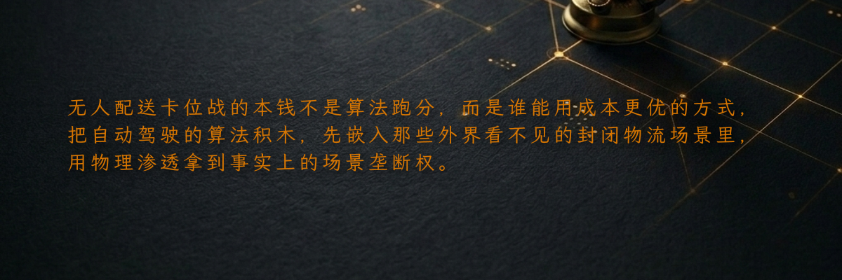 无人配送卡位战的本钱不是算法跑分,而是谁能用成本更优的方式,把自动驾驶的算法积木,先嵌入那些外界看不见的封闭物流场景里,用物理渗透拿到事实上的场景垄断权。