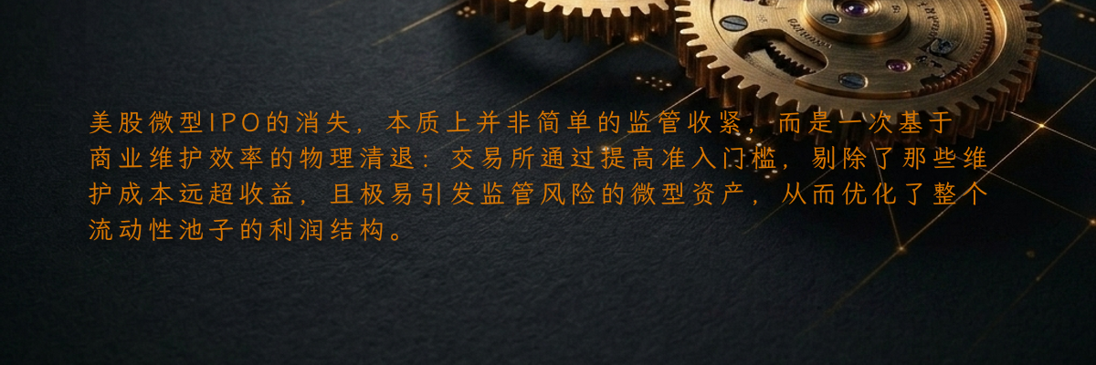 美股微型IPO的消失,本质上并非简单的监管收紧,而是一次基于商业维护效率的物理清退:交易所通过提高准入门槛,剔除了那些维护成本远超收益,且极易引发监管风险的微型资产,从而优化了整个流动性池子的利润结构。