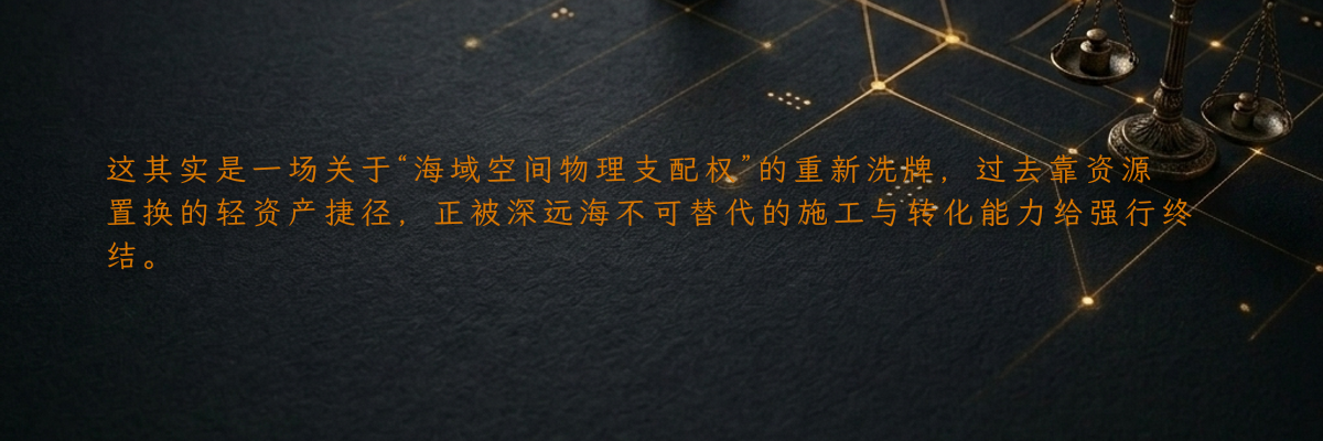 这其实是一场关于“海域空间物理支配权”的重新洗牌,过去靠资源置换的轻资产捷径,正被深远海不可替代的施工与转化能力给强行终结。