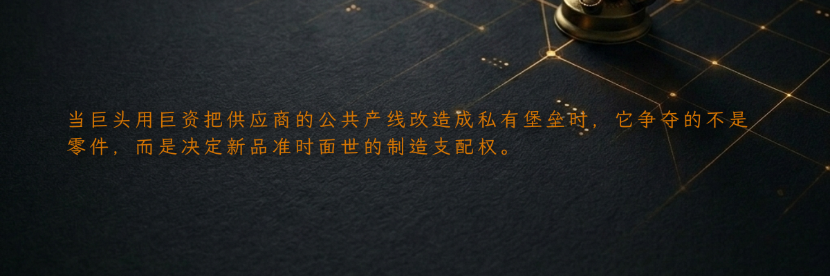 当巨头用巨资把供应商的公共产线改造成私有堡垒时,它争夺的不是零件,而是决定新品准时面世的制造支配权。