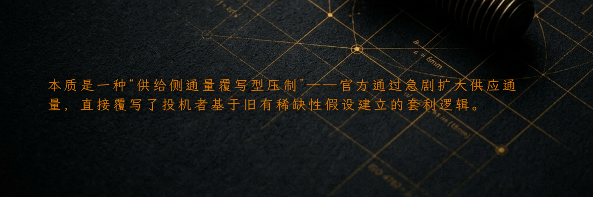 本质是一种“供给侧通量覆写型压制”——官方通过急剧扩大供应通量,直接覆写了投机者基于旧有稀缺性假设建立的套利逻辑。