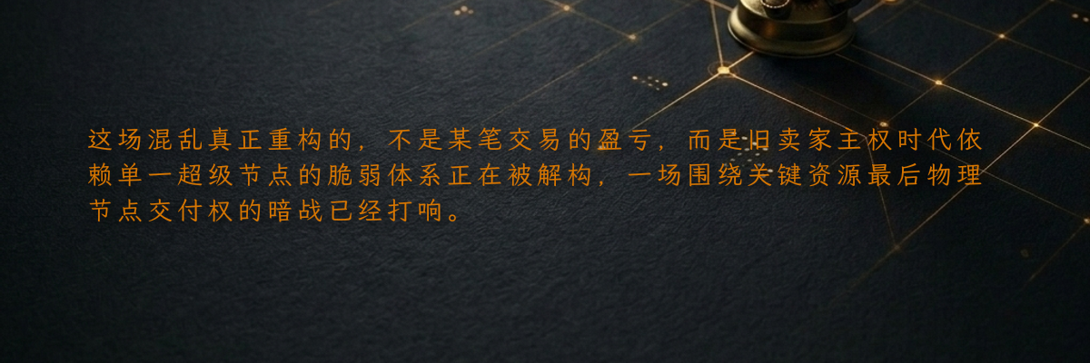 这场混乱真正重构的,不是某笔交易的盈亏,而是旧卖家主权时代依赖单一超级节点的脆弱体系正在被解构,一场围绕关键资源最后物理节点交付权的暗战已经打响。