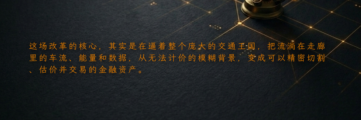 这场改革的核心,其实是在逼着整个庞大的交通王国,把流淌在走廊里的车流、能量和数据,从无法计价的模糊背景,变成可以精密切割、估价并交易的金融资产。