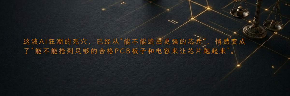 这波AI狂潮的死穴,已经从“能不能造出更强的芯片”,悄然变成了“能不能抢到足够的合格PCB板子和电容来让芯片跑起来”。