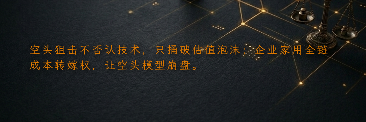 空头狙击不否认技术,只捅破估值泡沫;企业家用全链成本转嫁权,让空头模型崩盘。