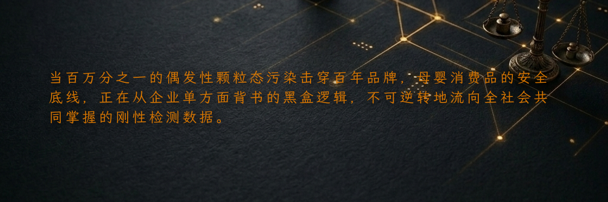 当百万分之一的偶发性颗粒态污染击穿百年品牌,母婴消费品的安全底线,正在从企业单方面背书的黑盒逻辑,不可逆转地流向全社会共同掌握的刚性检测数据。