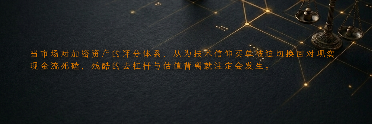 当市场对加密资产的评分体系,从为技术信仰买单被迫切换回对现实现金流死磕,残酷的去杠杆与估值背离就注定会发生。