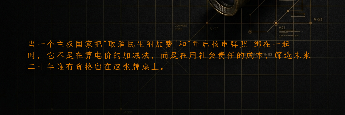 当一个主权国家把“取消民生附加费”和“重启核电牌照”绑在一起时,它不是在算电价的加减法,而是在用社会责任的成本,筛选未来二十年谁有资格留在这张牌桌上。