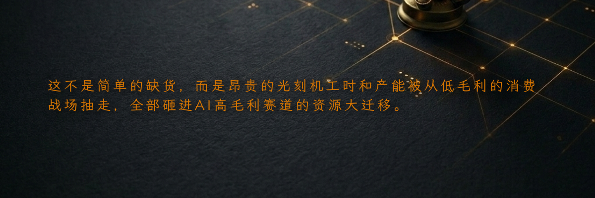 这不是简单的缺货,而是昂贵的光刻机工时和产能被从低毛利的消费战场抽走,全部砸进AI高毛利赛道的资源大迁移。