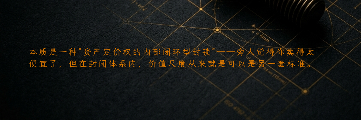 本质是一种“资产定价权的内部闭环型封锁”——旁人觉得你卖得太便宜了,但在封闭体系内,价值尺度从来就是可以是另一套标准。