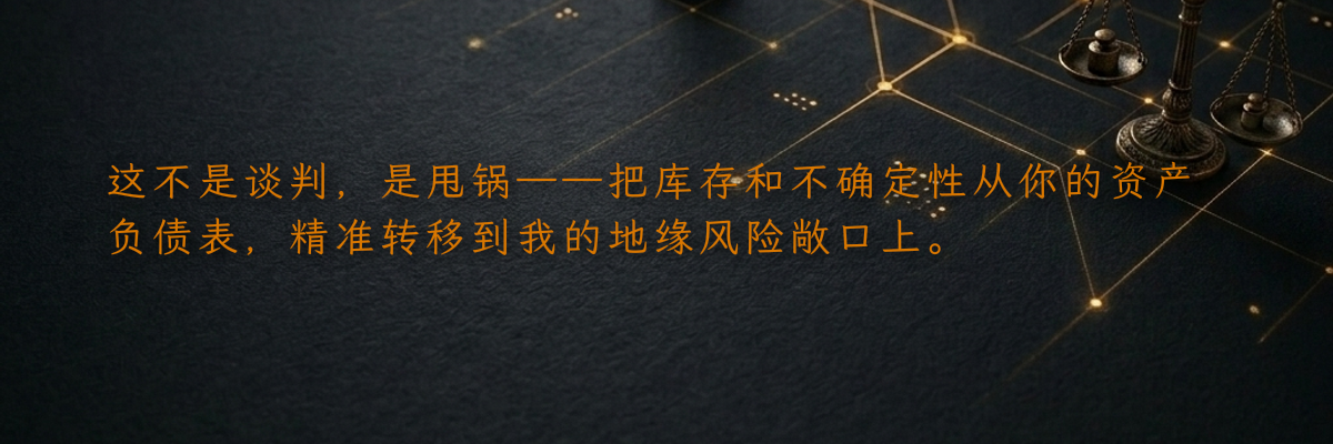 这不是谈判,是甩锅——把库存和不确定性从你的资产负债表,精准转移到我的地缘风险敞口上。
