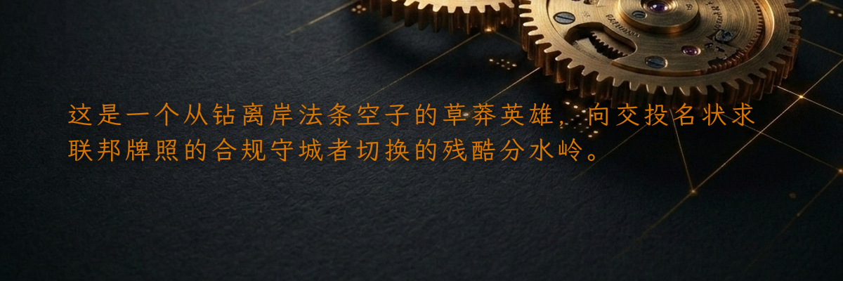 这是一个从钻离岸法条空子的草莽英雄,向交投名状求联邦牌照的合规守城者切换的残酷分水岭。