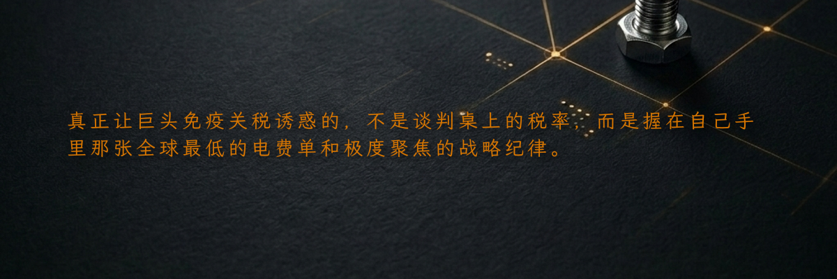 真正让巨头免疫关税诱惑的,不是谈判桌上的税率,而是握在自己手里那张全球最低的电费单和极度聚焦的战略纪律。