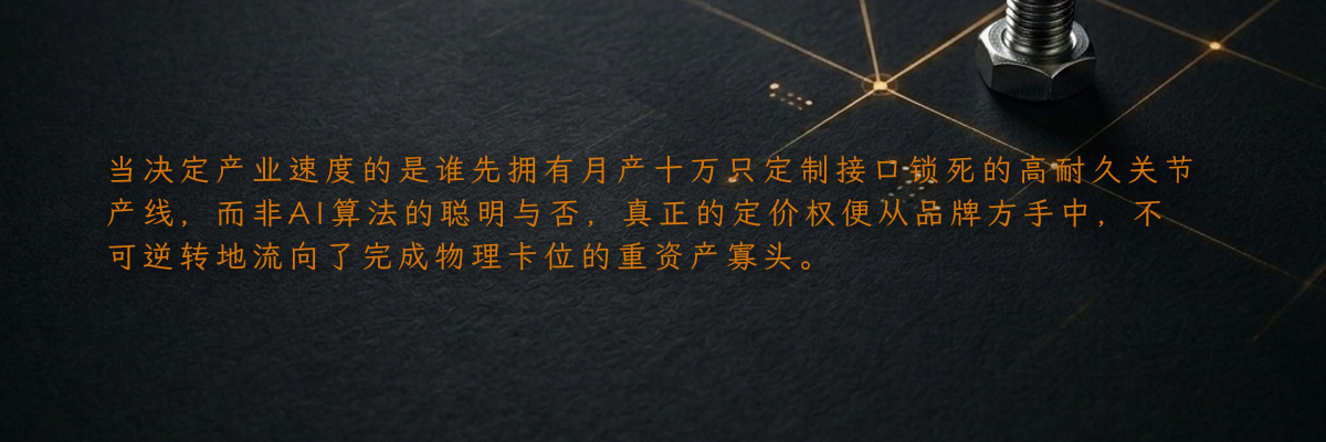 当决定产业速度的是谁先拥有月产十万只定制接口锁死的高耐久关节产线,而非AI算法的聪明与否,真正的定价权便从品牌方手中,不可逆转地流向了完成物理卡位的重资产寡头。