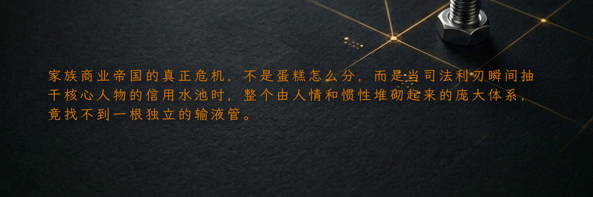家族商业帝国的真正危机,不是蛋糕怎么分,而是当司法利刃瞬间抽干核心人物的信用水池时,整个由人情和惯性堆砌起来的庞大体系,竟找不到一根独立的输液管。