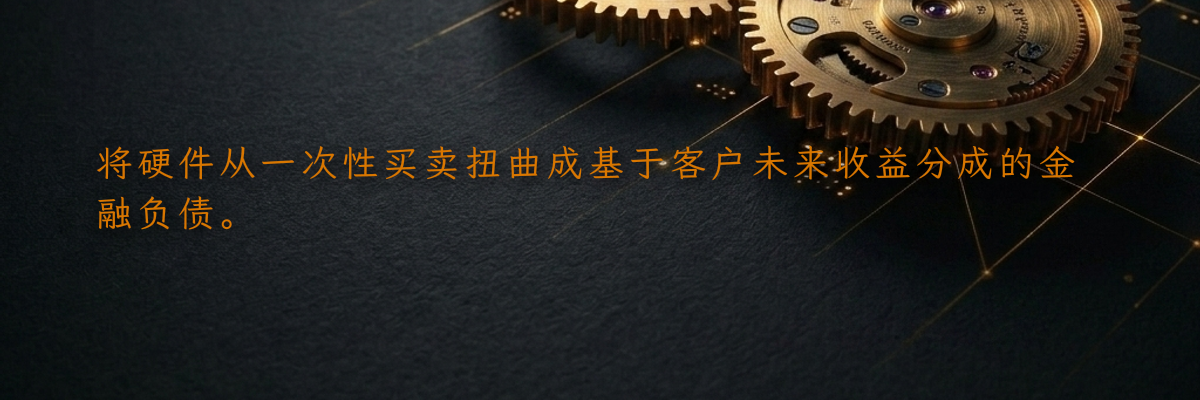 将硬件从一次性买卖扭曲成基于客户未来收益分成的金融负债。