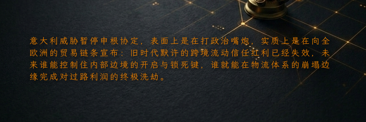 意大利威胁暂停申根协定,表面上是在打政治嘴炮,实质上是在向全欧洲的贸易链条宣布:旧时代默许的跨境流动信任红利已经失效,未来谁能控制住内部边境的开启与锁死键,谁就能在物流体系的崩塌边缘完成对过路利润的终极洗劫。