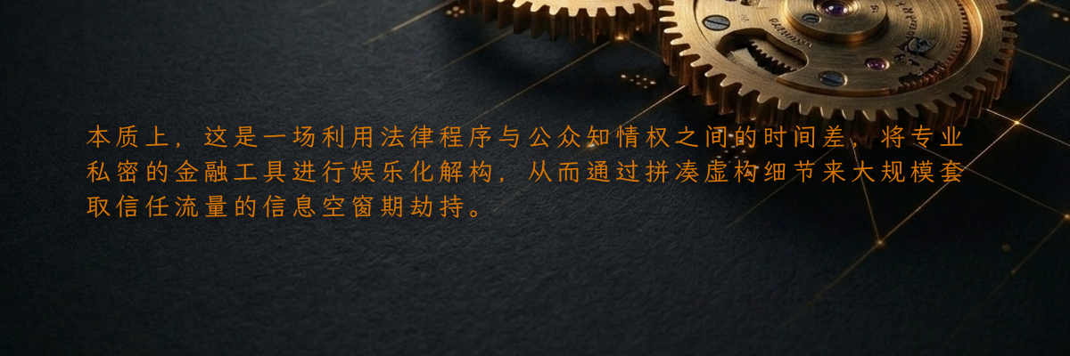 本质上,这是一场利用法律程序与公众知情权之间的时间差,将专业私密的金融工具进行娱乐化解构,从而通过拼凑虚构细节来大规模套取信任流量的信息空窗期劫持。