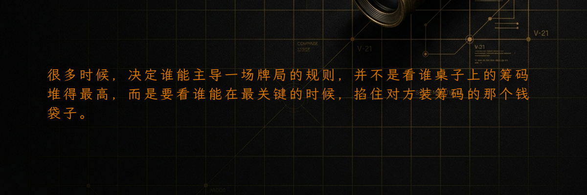 很多时候,决定谁能主导一场牌局的规则,并不是看谁桌子上的筹码堆得最高,而是要看谁能在最关键的时候,掐住对方装筹码的那个钱袋子。