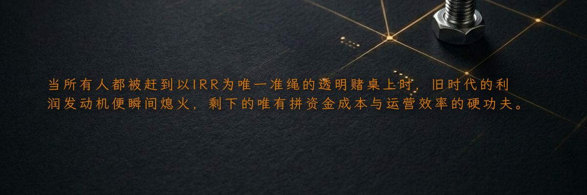 当所有人都被赶到以IRR为唯一准绳的透明赌桌上时,旧时代的利润发动机便瞬间熄火,剩下的唯有拼资金成本与运营效率的硬功夫。