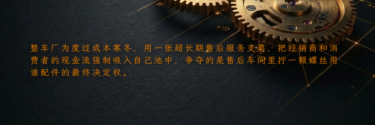 整车厂为度过成本寒冬,用一张超长期售后服务支票,把经销商和消费者的现金流强制吸入自己池中,争夺的是售后车间里拧一颗螺丝用谁配件的最终决定权。