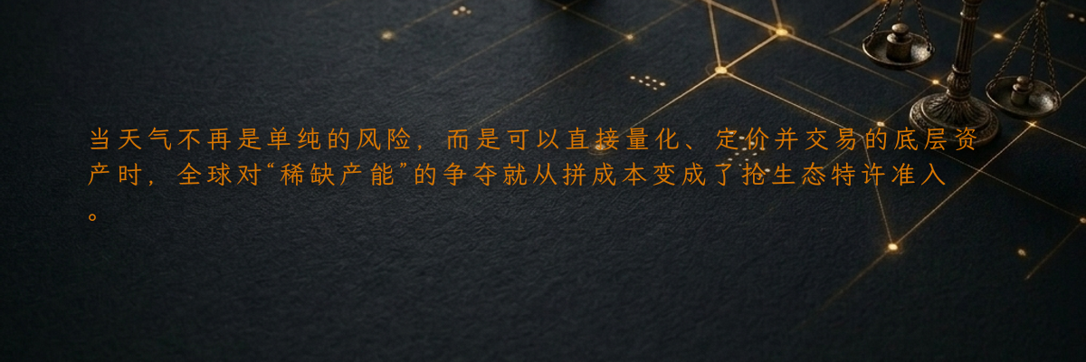 当天气不再是单纯的风险,而是可以直接量化、定价并交易的底层资产时,全球对“稀缺产能”的争夺就从拼成本变成了抢生态特许准入。