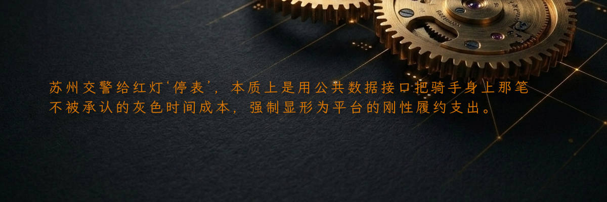 苏州交警给红灯‘停表’,本质上是用公共数据接口把骑手身上那笔不被承认的灰色时间成本,强制显形为平台的刚性履约支出。