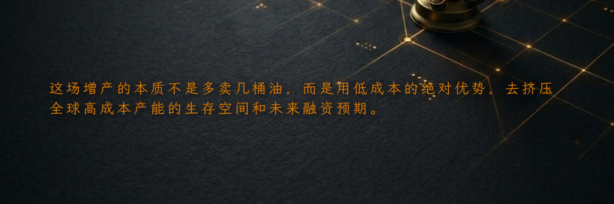 这场增产的本质不是多卖几桶油,而是用低成本的绝对优势,去挤压全球高成本产能的生存空间和未来融资预期。