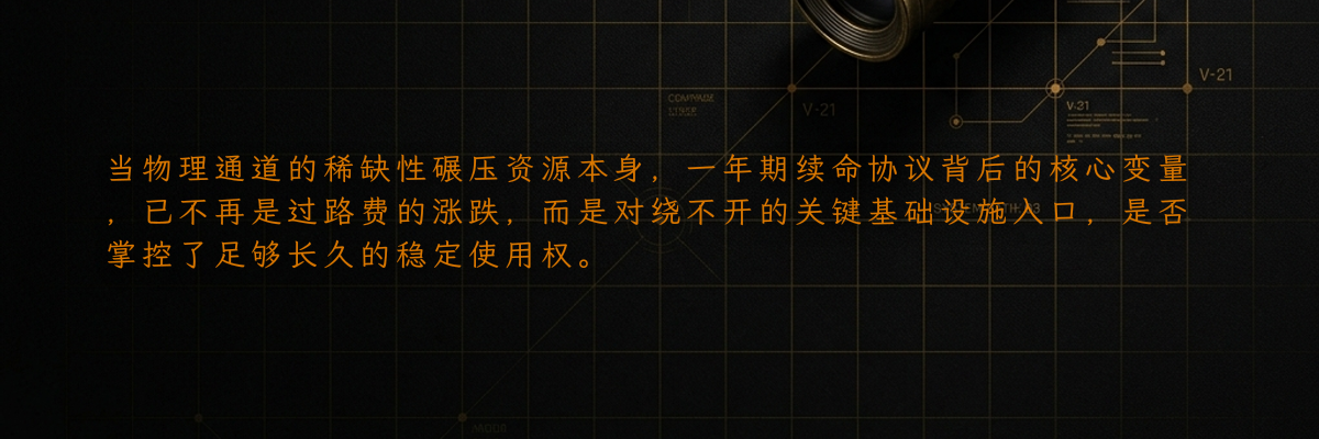 当物理通道的稀缺性碾压资源本身,一年期续命协议背后的核心变量,已不再是过路费的涨跌,而是对绕不开的关键基础设施入口,是否掌控了足够长久的稳定使用权。