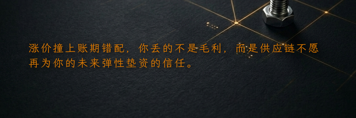 涨价撞上账期错配,你丢的不是毛利,而是供应链不愿再为你的未来弹性垫资的信任。