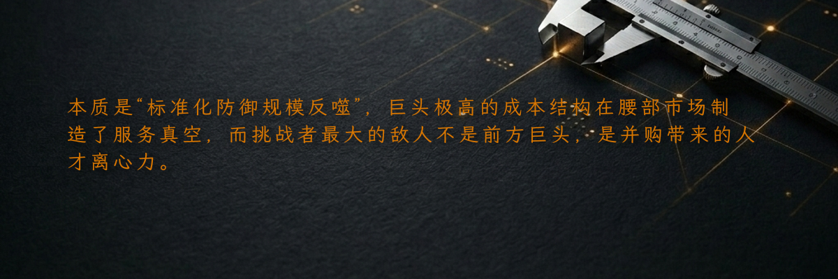 本质是“标准化防御规模反噬”,巨头极高的成本结构在腰部市场制造了服务真空,而挑战者最大的敌人不是前方巨头,是并购带来的人才离心力。