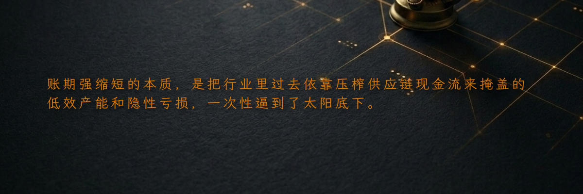 账期强缩短的本质,是把行业里过去依靠压榨供应链现金流来掩盖的低效产能和隐性亏损,一次性逼到了太阳底下。