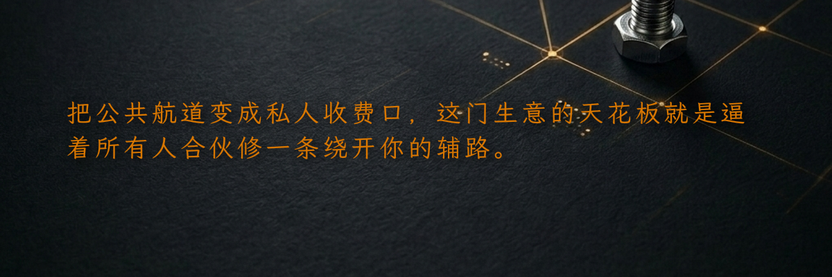 把公共航道变成私人收费口,这门生意的天花板就是逼着所有人合伙修一条绕开你的辅路。