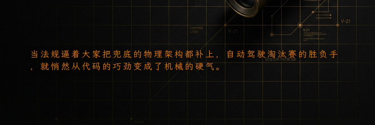 当法规逼着大家把兜底的物理架构都补上,自动驾驶淘汰赛的胜负手,就悄然从代码的巧劲变成了机械的硬气。