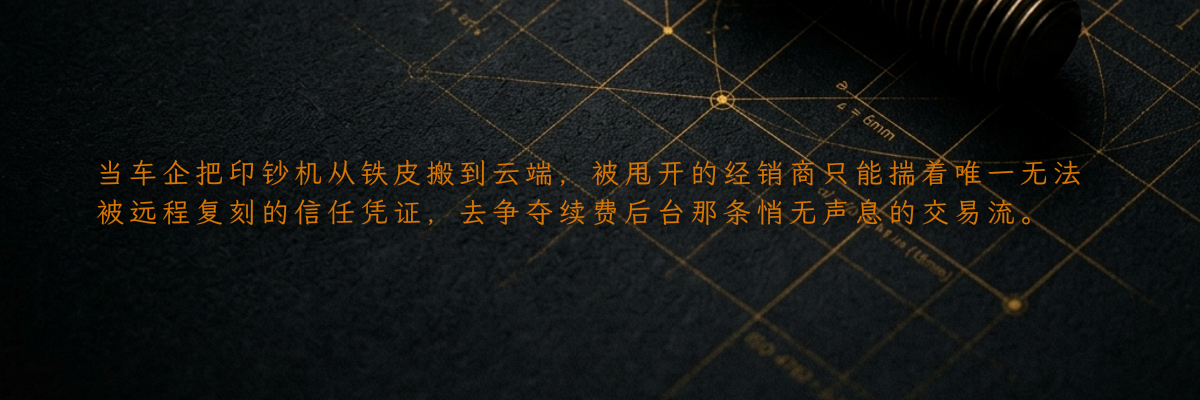 当车企把印钞机从铁皮搬到云端,被甩开的经销商只能揣着唯一无法被远程复刻的信任凭证,去争夺续费后台那条悄无声息的交易流。