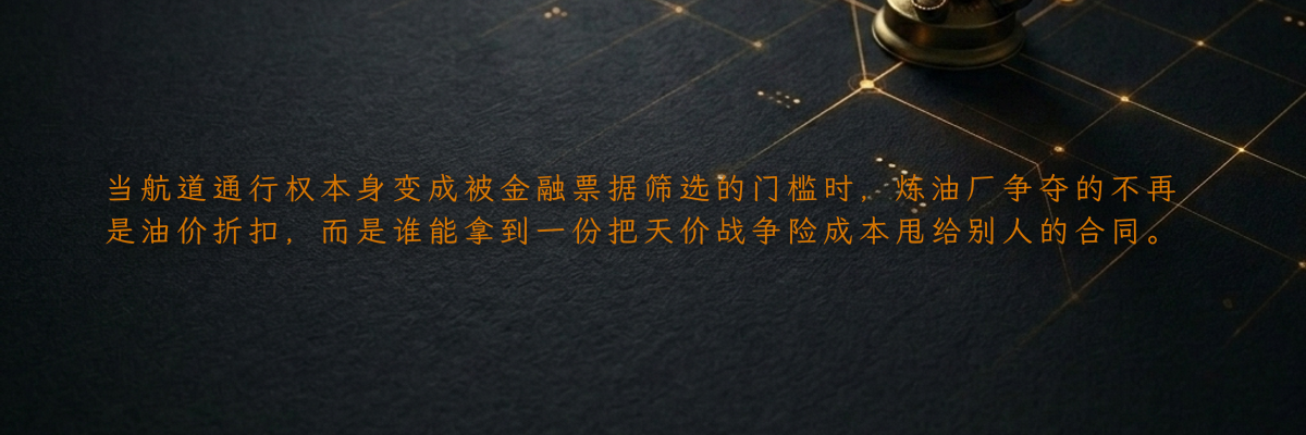当航道通行权本身变成被金融票据筛选的门槛时,炼油厂争夺的不再是油价折扣,而是谁能拿到一份把天价战争险成本甩给别人的合同。