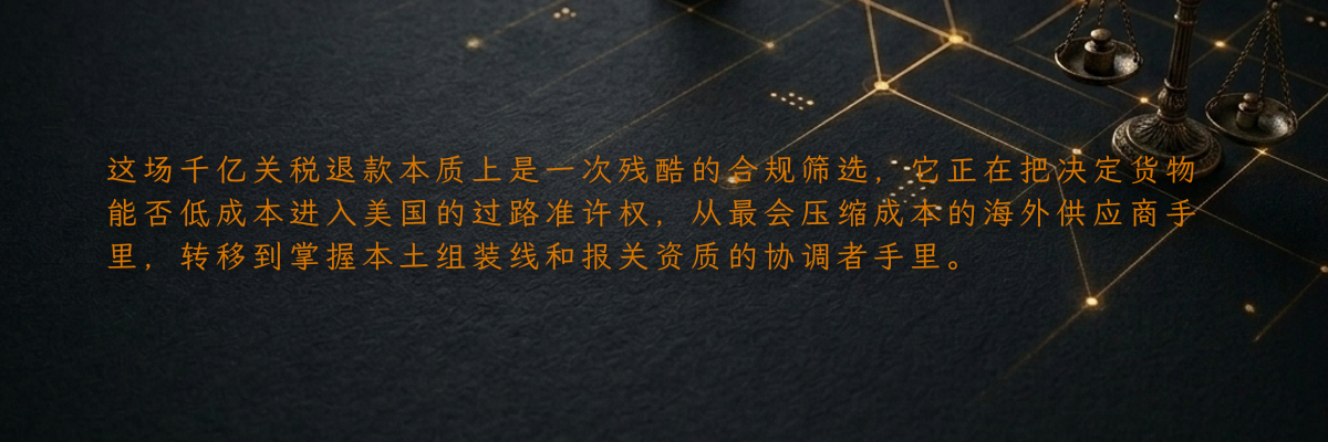 这场千亿关税退款本质上是一次残酷的合规筛选,它正在把决定货物能否低成本进入美国的过路准许权,从最会压缩成本的海外供应商手里,转移到掌握本土组装线和报关资质的协调者手里。