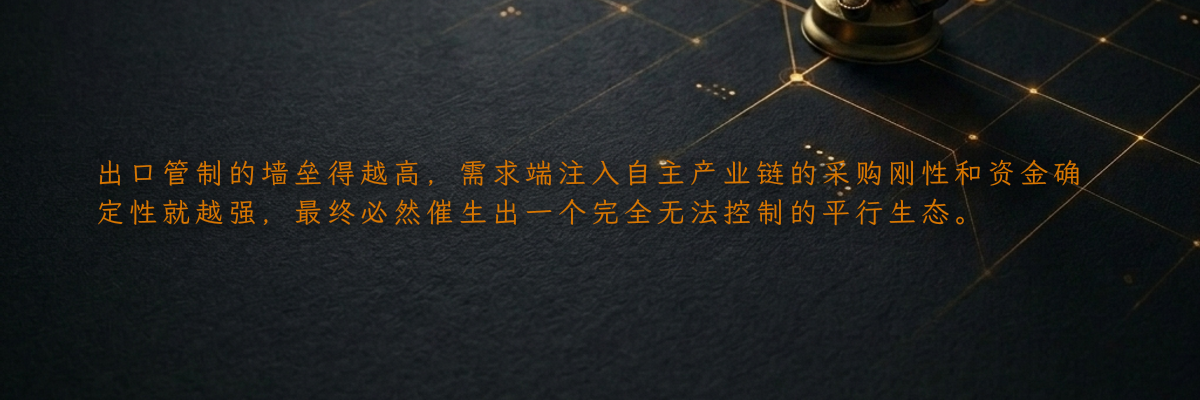 出口管制的墙垒得越高,需求端注入自主产业链的采购刚性和资金确定性就越强,最终必然催生出一个完全无法控制的平行生态。