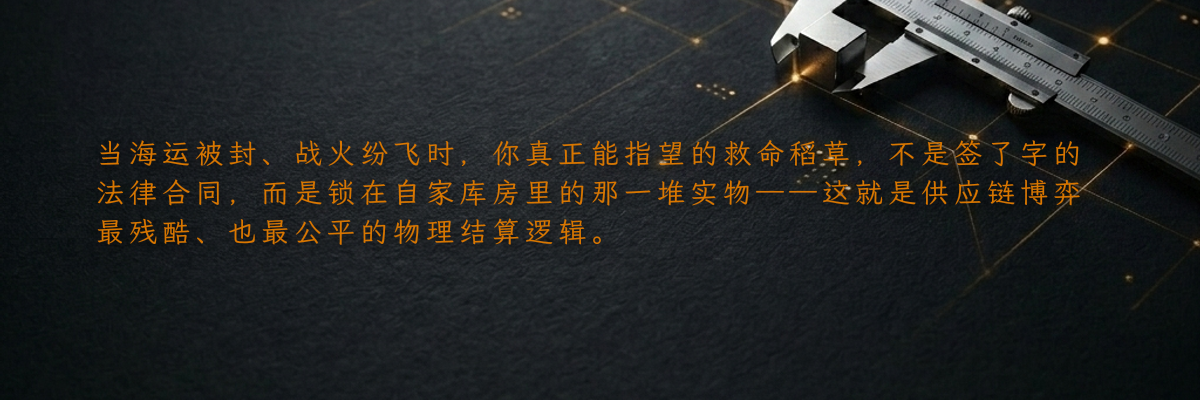 当海运被封、战火纷飞时,你真正能指望的救命稻草,不是签了字的法律合同,而是锁在自家库房里的那一堆实物——这就是供应链博弈最残酷、也最公平的物理结算逻辑。
