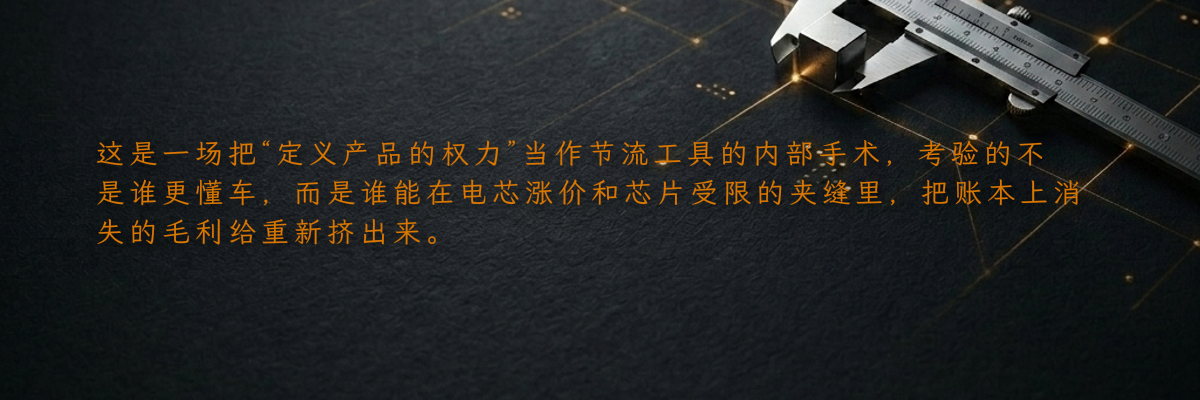 这是一场把“定义产品的权力”当作节流工具的内部手术,考验的不是谁更懂车,而是谁能在电芯涨价和芯片受限的夹缝里,把账本上消失的毛利给重新挤出来。