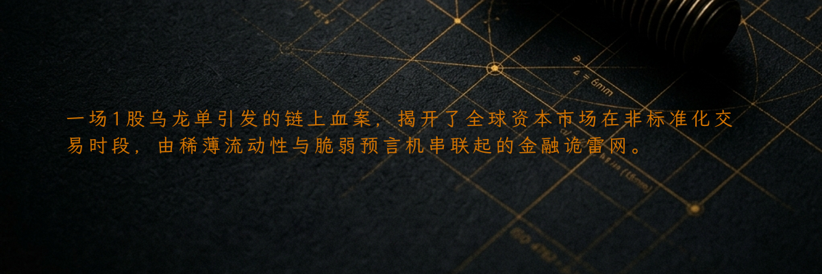 一场1股乌龙单引发的链上血案,揭开了全球资本市场在非标准化交易时段,由稀薄流动性与脆弱预言机串联起的金融诡雷网。