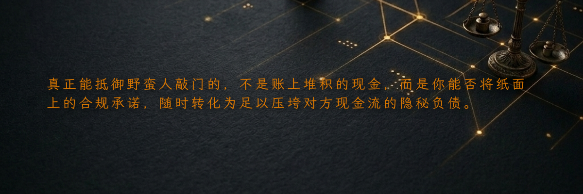 真正能抵御野蛮人敲门的,不是账上堆积的现金,而是你能否将纸面上的合规承诺,随时转化为足以压垮对方现金流的隐秘负债。