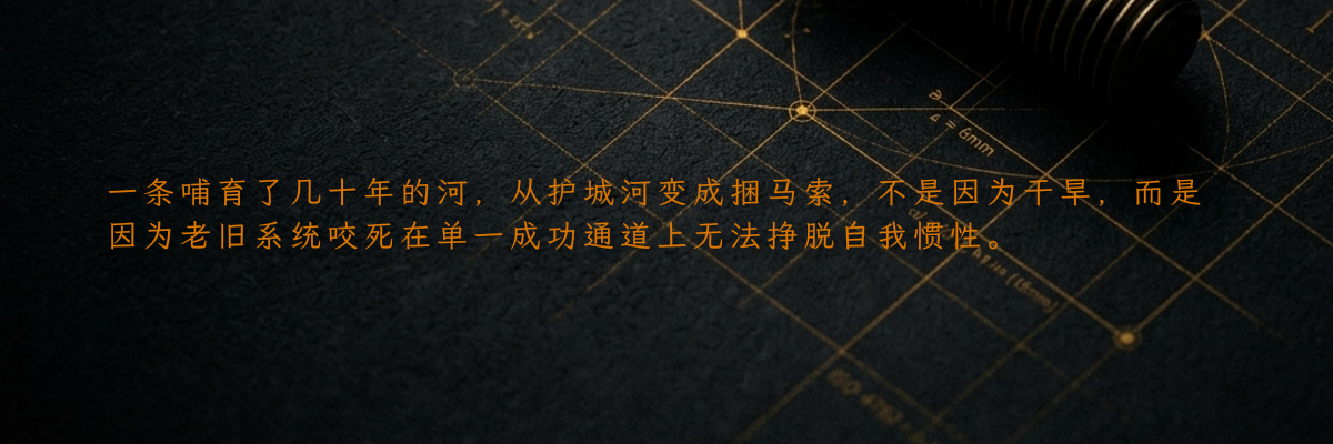 一条哺育了几十年的河,从护城河变成捆马索,不是因为干旱,而是因为老旧系统咬死在单一成功通道上无法挣脱自我惯性。