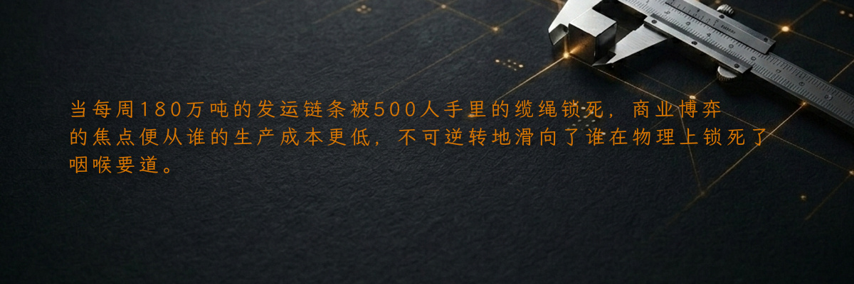 当每周180万吨的发运链条被500人手里的缆绳锁死,商业博弈的焦点便从谁的生产成本更低,不可逆转地滑向了谁在物理上锁死了咽喉要道。